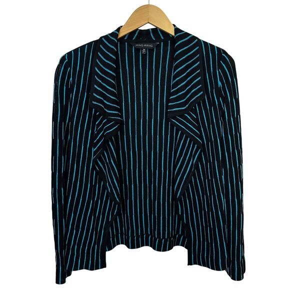 Ming‎ Wang Striped Blazer Cardigan Lightweight Womens Medium Black Blue Career - Picture 1 of 5